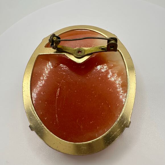 Vintage large hyper realistic plastic resin cameo gold tone oval brooch - Picture 7 of 9